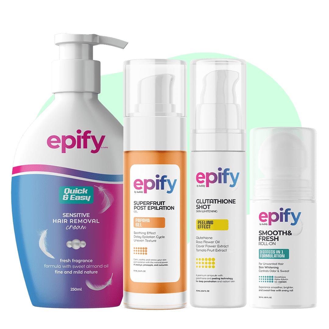 Epify Ultra Personal Care Set, Hair Removal Cream, Papaya Gel, Glutathione Shot & Underarm Roll-On, Complete 4-Step Routine