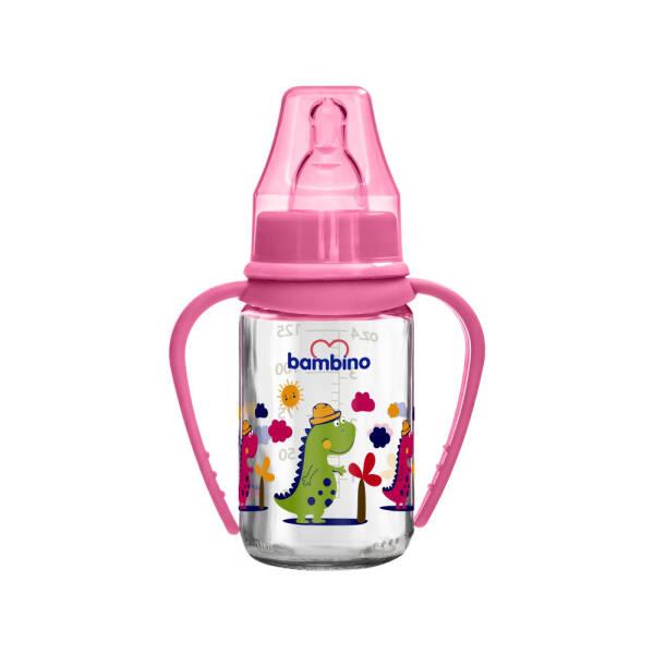 Bambino 125ml Glass Baby Bottle - Pink Dinozor Design, Non-Toxic Feeding Solution for Infants