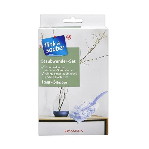 Flink & Sauber Easy Dusting Set: Effortless Dust Remover with Handle & 5 Sleeves | Quick & Easy Household Cleaning