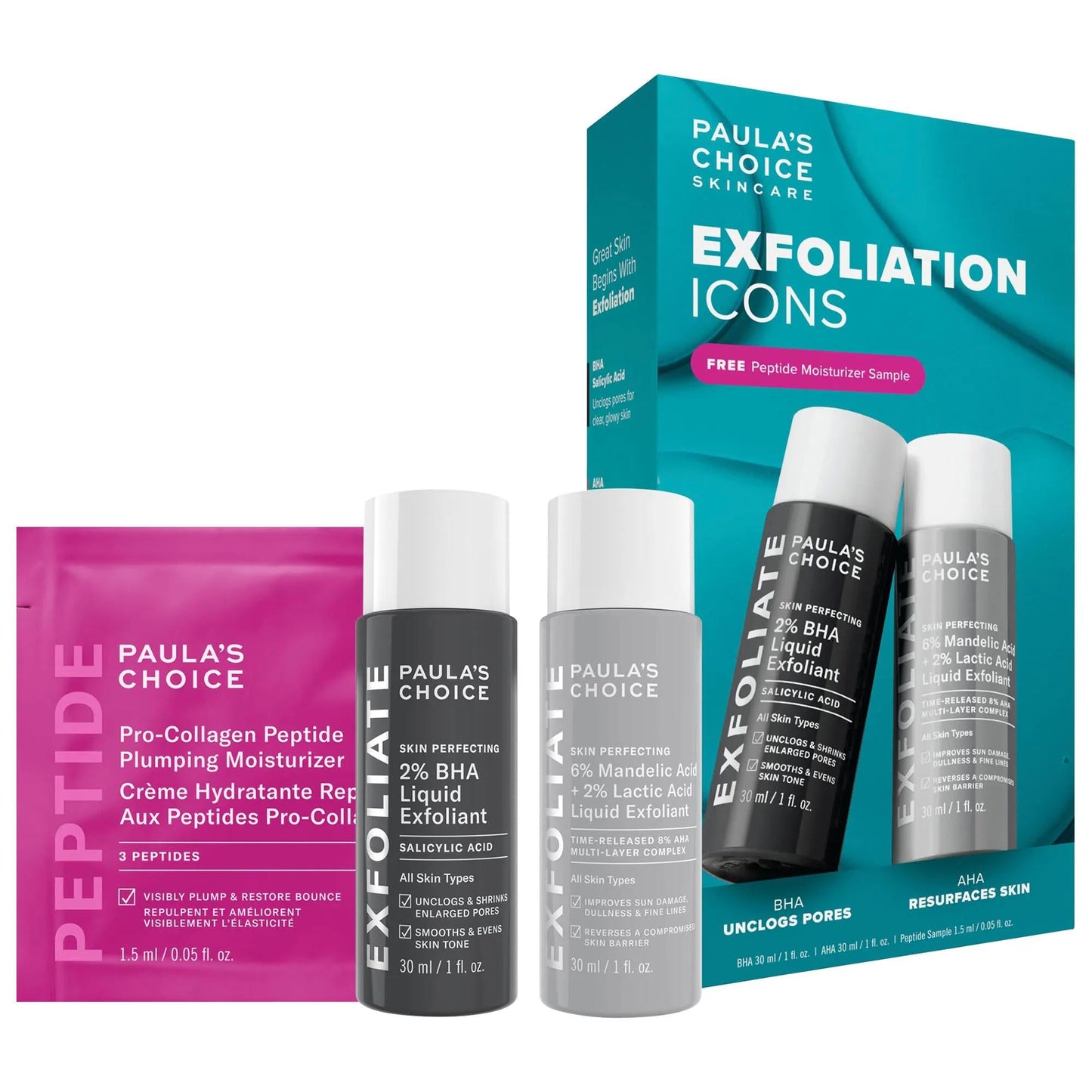 Exfoliation Icons: Brighten Skin & Minimize Pores with BHA, Mandelic & Lactic Acid Facial Exfoliant Kit - Vegan & Cruelty-Free