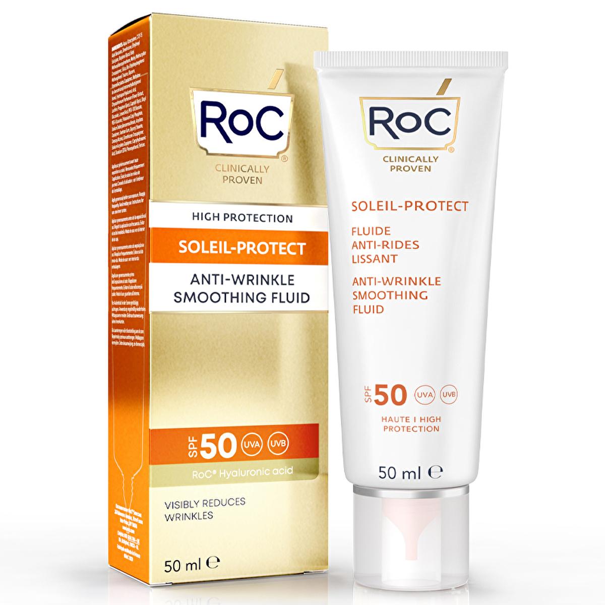 RoC Anti-Wrinkle Sunscreen SPF50+ - Hyaluronic Acid Face Sunscreen for UVA UVB Protection & Youthful Skin | 50ml