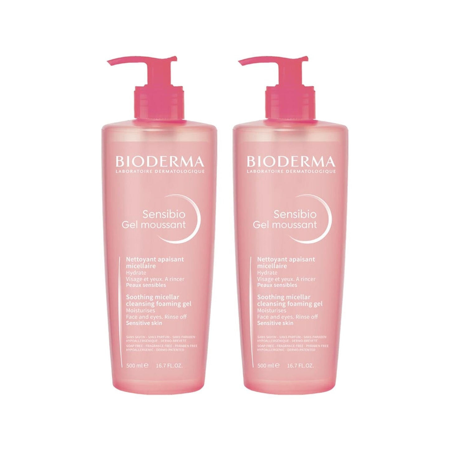 Bioderma Sensibio Foaming Face Cleansing Gel for Sensitive Skin - Gentle, Dermatologically Tested, 500ml x 2
