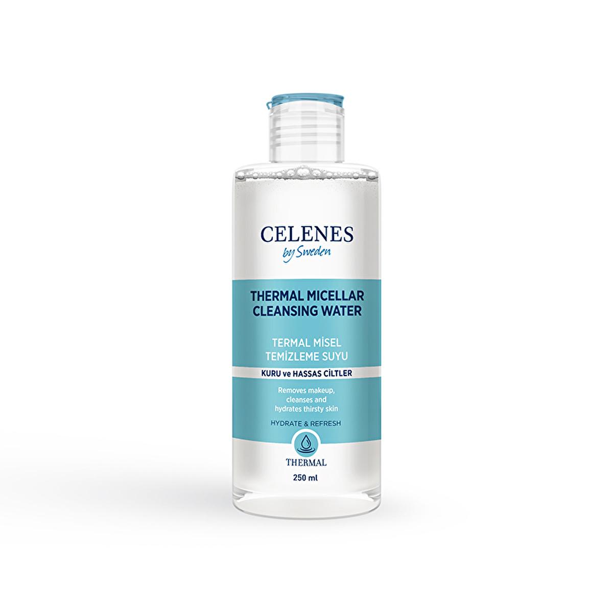Celenes Thermal Micellar Cleansing Water - Gentle Makeup Remover for Dry, Sensitive Skin - Natural, No-Rinse, Hydrating - 8.45 fl oz