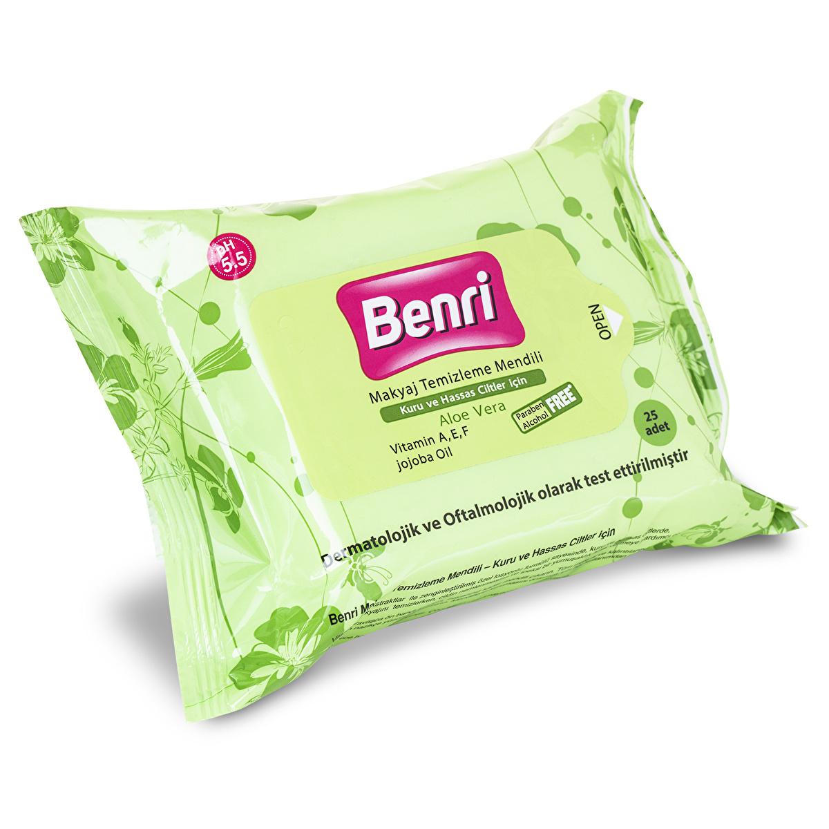 Benri Makeup Remover Wipes for Dry & Sensitive Skin - Gentle Facial Cleansing Cloths with Aloe Vera & Vitamin E, 25 Count