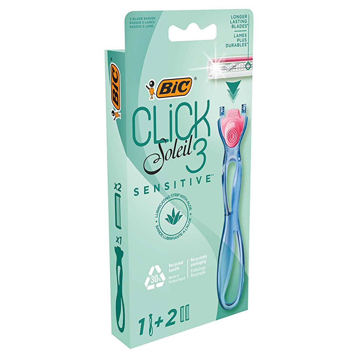 BIC Women's Razor - BIC Click 3 Soleil Triple Blade Razor for Sensitive Skin, Eco-Friendly Packaging