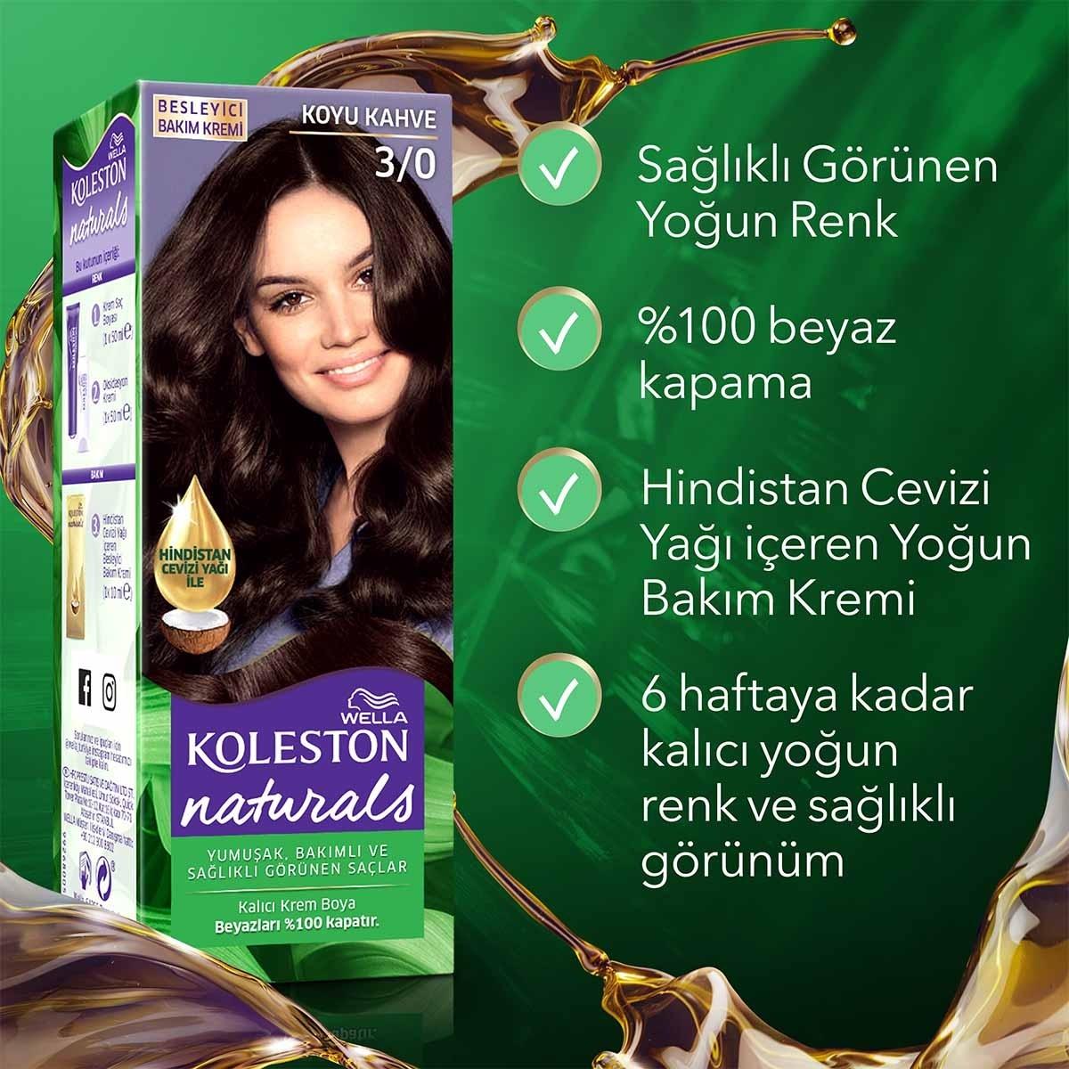 Wella Koleston Naturals 3/0 Dark Brown Hair Dye: Long Lasting Color & Gray Coverage with Coconut Oil for Intense Shine