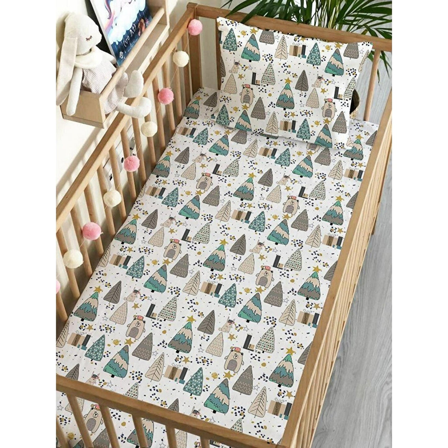 Mixed Christmas Theme Tree Pattern Printed Baby Size Fitted Sheet Set 60x120 Cm