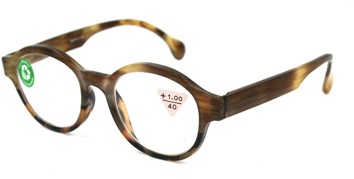 Citlalli, (Premium) Reading Glasses, Round Frame +1.25 .. +3 Magnifying Eyeglasses (Marble Brown) Circle Style. NY Fifth Avenue