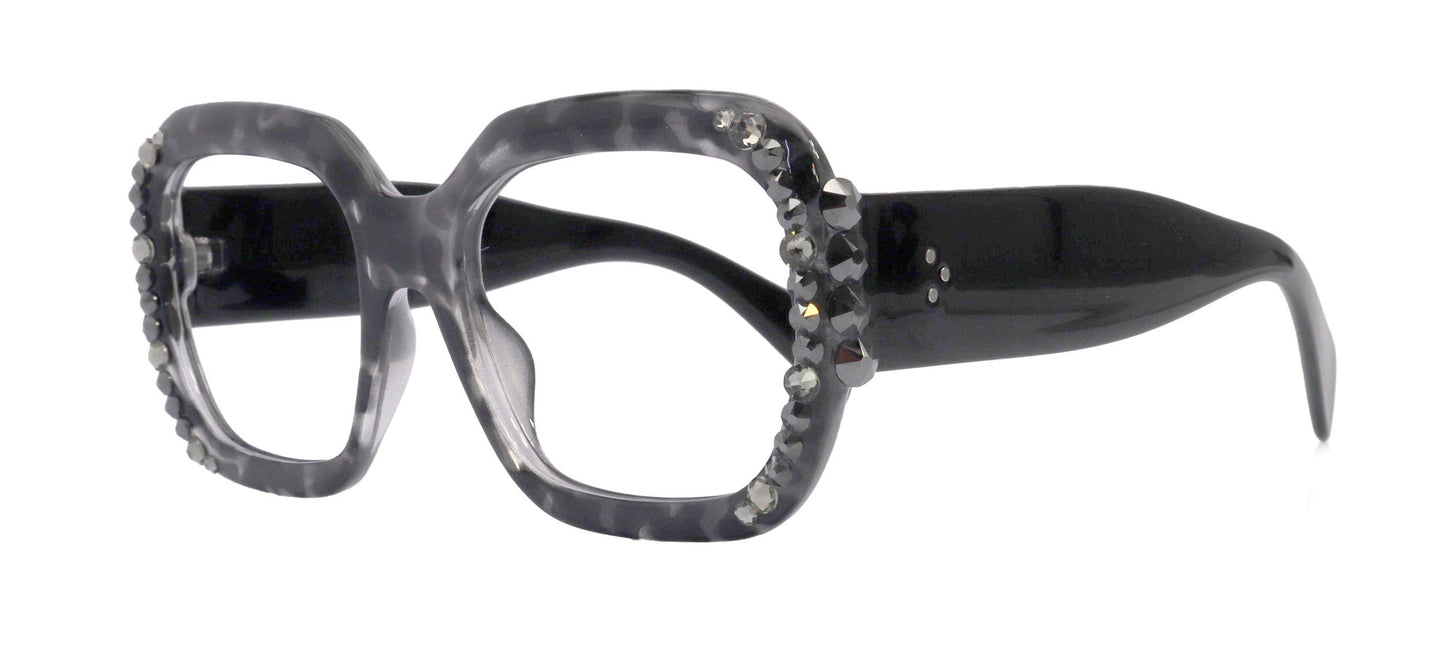 Larissa Oversized Bling Reading Glasses, Grey, Large Frame, High-End Readers, Bifocal, Sun readers, Trendy Style, NY Fifth Avenue