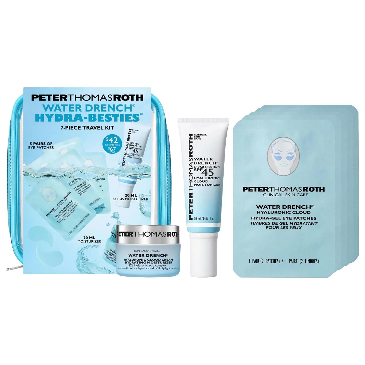 Water Drench: Travel Skincare Set - Hyaluronic Acid Hydration, SPF 45 Sunscreen, Eye Patches for Puffiness, Perfect On-the-Go.
