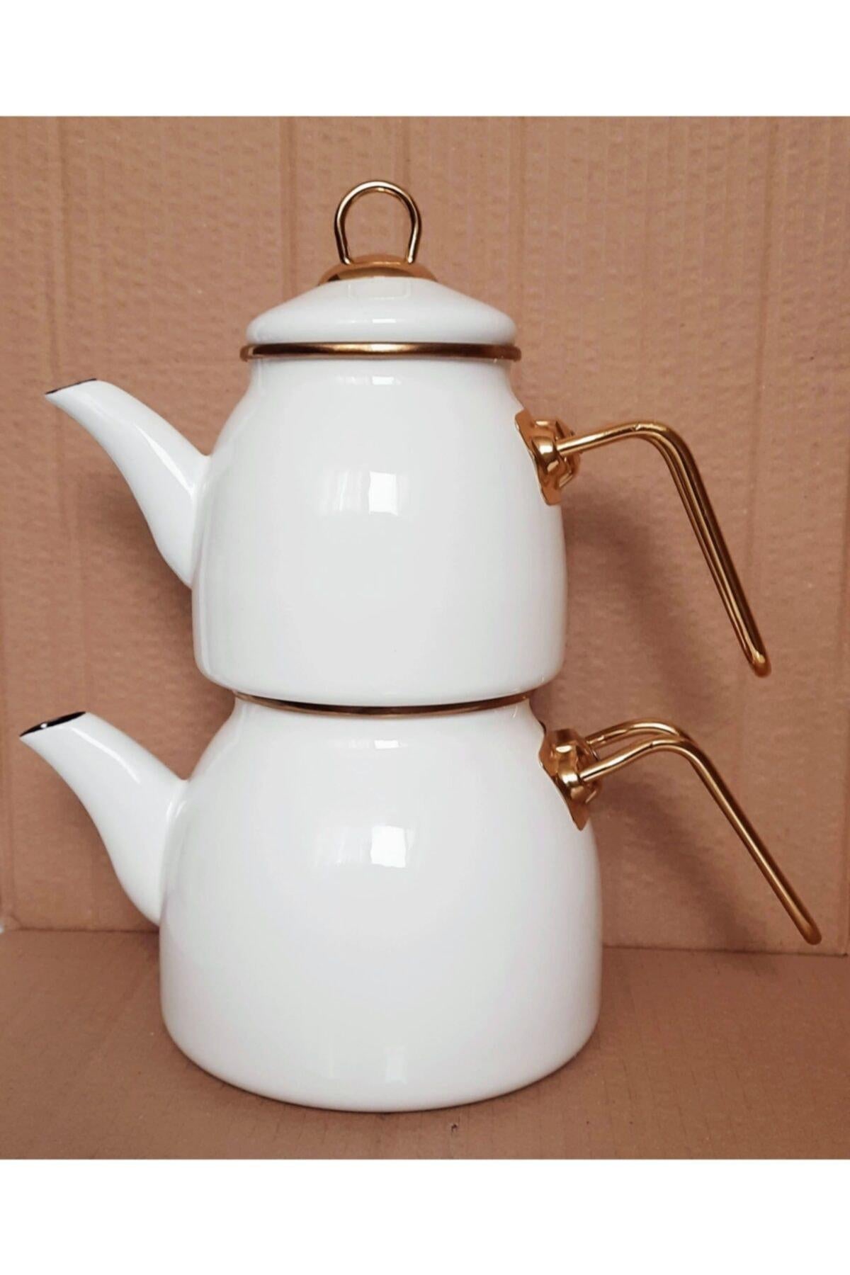 Ebru Metal Enamel Golden Tea Pot Set 2.5 Lt 1.3 Lt (White) 8680454591662
