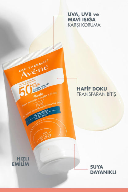 Avene Fluide SPF 50+ Sunscreen for Normal/Combination Skin - Lightweight, Non-Greasy, UVA/UVB/Blue Light Protection