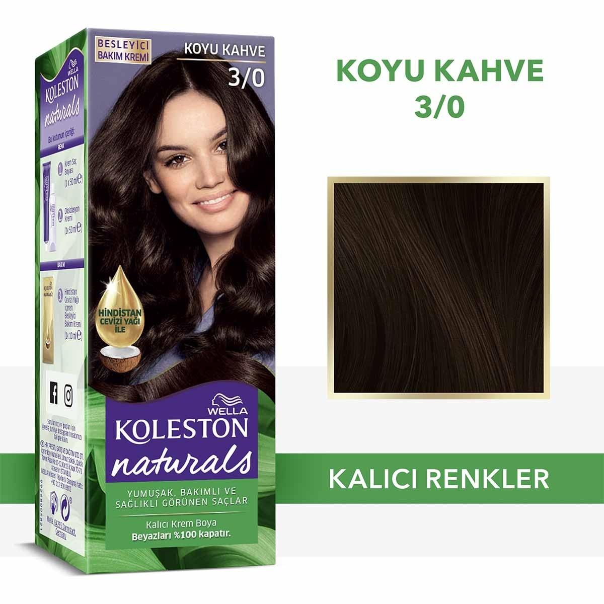 Wella Koleston Naturals 3/0 Dark Brown Hair Dye: Long Lasting Color & Gray Coverage with Coconut Oil for Intense Shine