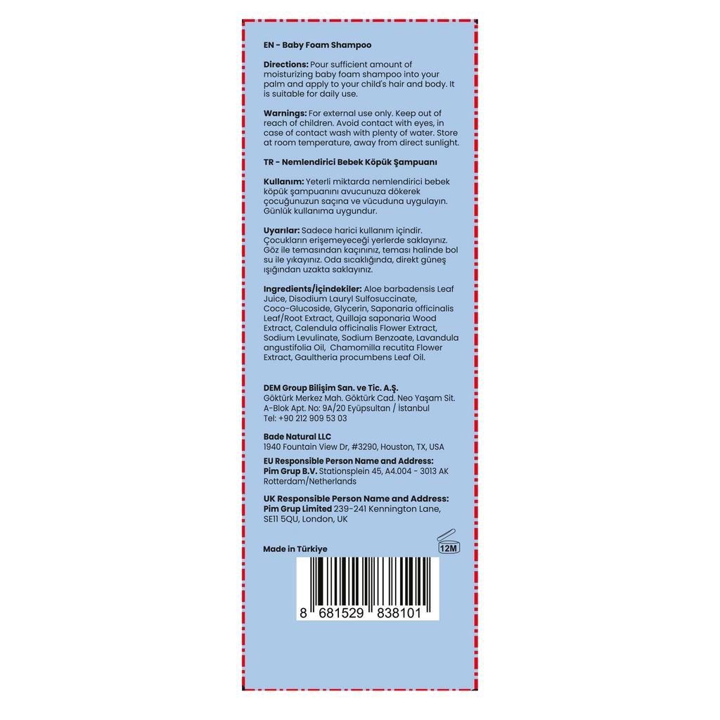 Bade Natural 100% Natural Baby Hair & Body Foam Shampoo 100 ml