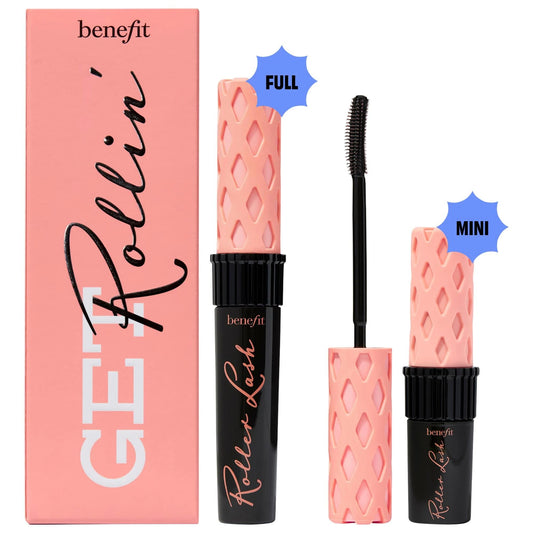 Benefit Cosmetics Get Rollin Roller Lash Mascara Booster Set: Super Curl & Lift, Long-Lasting, Vegan, Cruelty-Free Mascara - Full & Travel Size