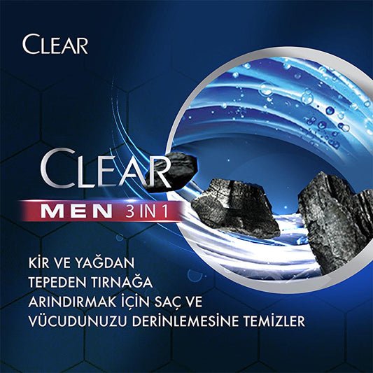 Clear Men 3-in-1 Charcoal Shampoo & Shower Gel: Deep Clean, Fight Dandruff, & Simplify Your Routine - 11.83 fl oz