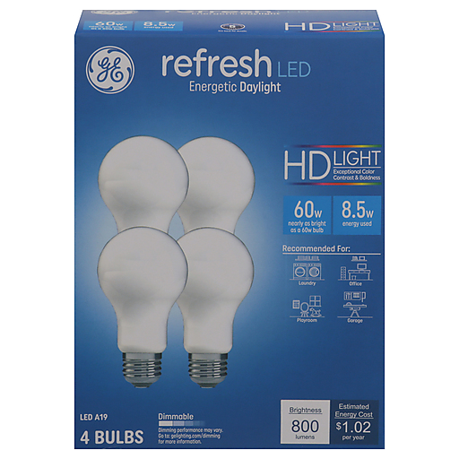GE LED Refresh HD Light Bulb, Daylight, A19 Medium Base, 8.5 Watt, 4-Pk