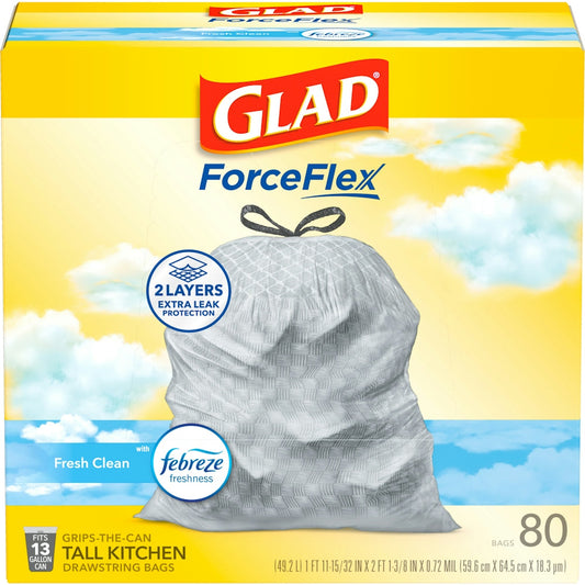 Glad ForceFlex Kitchen Drawstring Trash Bags, 13 Gal, Fresh Clean Scent, 24" X 27.38", White, 80 Bags/Box, 3 Boxes/Carton CLO78899