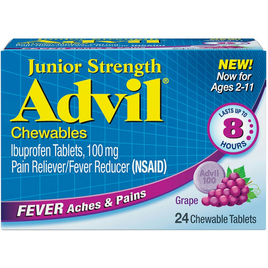 Advil Junior Strength Ibuprofen Fever Reducer Pain Reliever Grape Flavored 100Mg Chewable Tablets