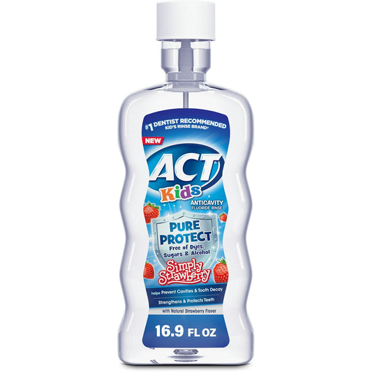 ACT Kids Anticavity Fluoride Rinse, Pure Protect Strawberry, 16.9 fl oz – Alcohol-Free & Dye-Free