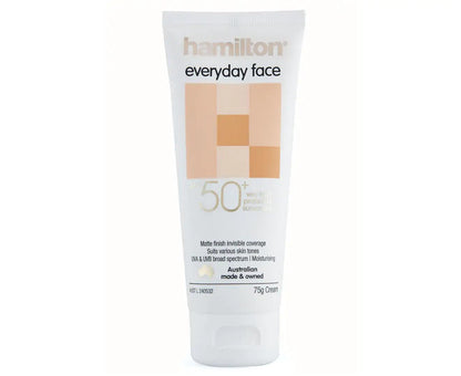 Hamilton Sunscreen Face Cream SPF50+ - Matte Finish, Non-Comedogenic, Moisturizing with Aloe Vera & Vitamin E