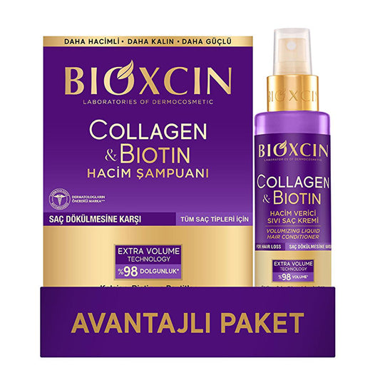 Bioxcin Collagen Biotin Shampoo & Leave-In Conditioner Set: Volumize, Strengthen & Prevent Hair Loss - Thickening Shampoo for Thin Hair
