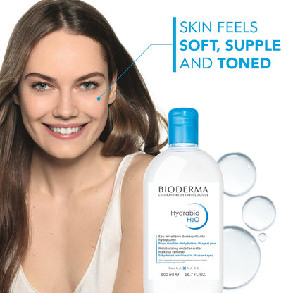 Bioderma Hydrabio H2O Micellar Water for Hydration and Makeup Removal, Fragrance-Free Skincare, 2x500ml