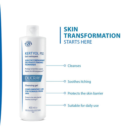 Ducray Kertyol PSO Moisturizing Cleansing Gel - Gentle Daily Face & Body Cleanser for Sensitive Skin, 13.53 fl oz