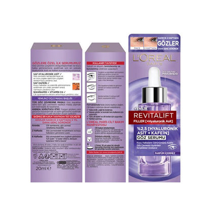 Loreal Paris Revitalift Filler: Hyaluronic Acid + Caffeine Eye Serum - Reduce Dark Circles, Wrinkles, & Puffiness for Brighter Eyes