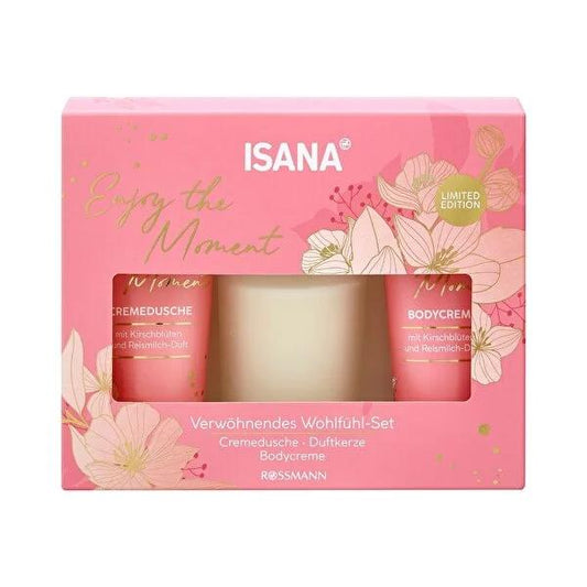 Isana Enjoy The Moment Gift Set: Cherry Blossom Body Cream, Rice Milk Shower Gel & Scented Candle - Vegan Body Care for Self-Care & Relaxation