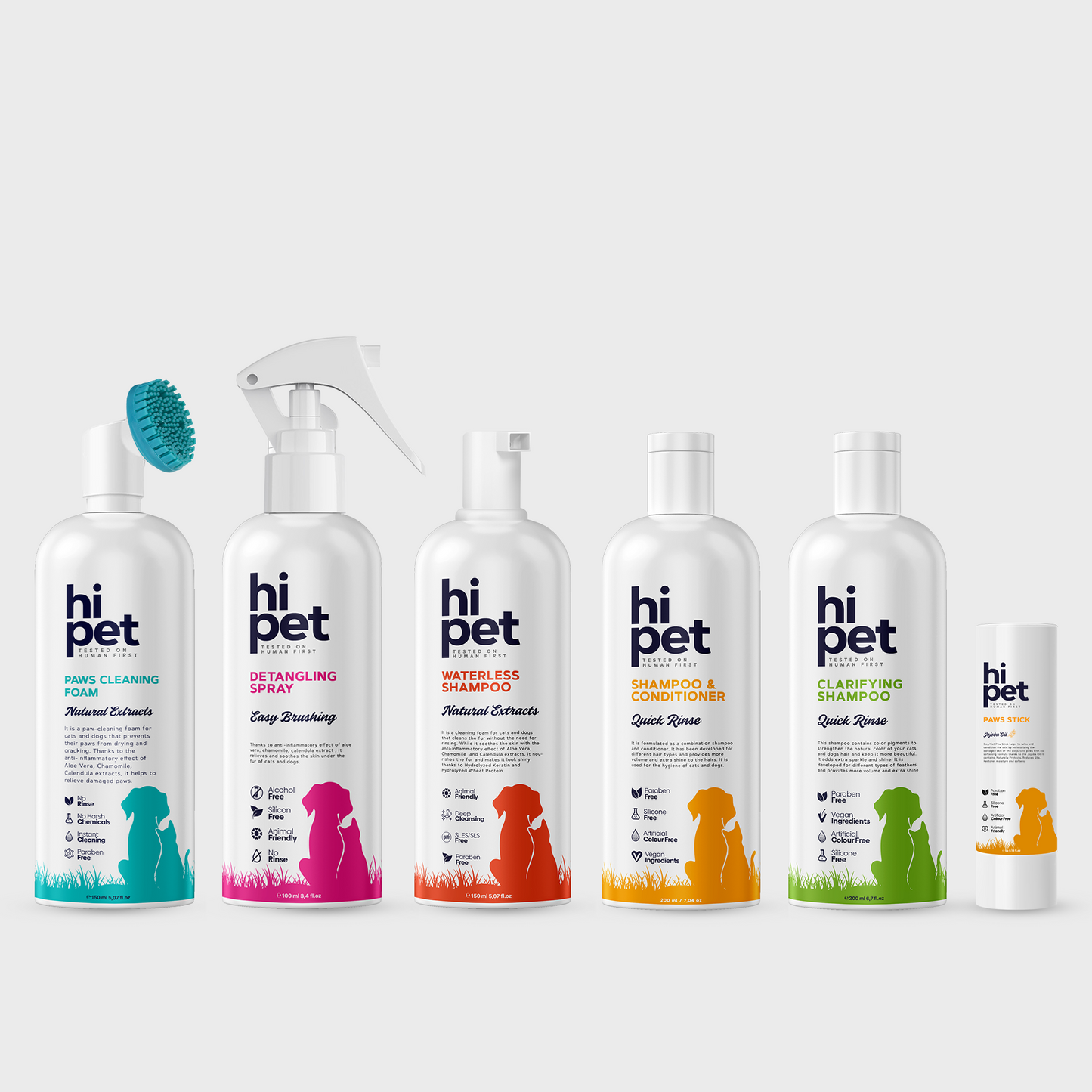 HiPet Best Of Set, Paw Cleaning Foam + Detangling Spray + Dry Shampoo + Conditioning Shampoo + Clarifying Shampoo + Jojoba Paw Balm, 6-Piece Bundle