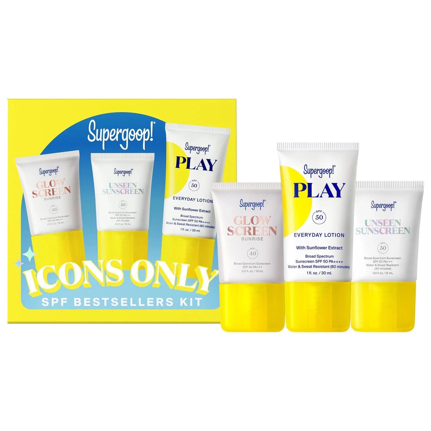 Icons Only: SPF Bestseller Kit - Invisible Sunscreen SPF 50, Glowscreen SPF 40 & PLAY Lotion SPF 50 | Reef-Safe, Broad Spectrum Sun Protection & Hydration