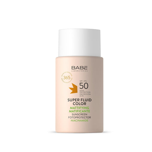 Babe Facial Sunscreen SPF50: Mattifying Tinted Sunscreen for Oily Skin - Color Correcting Super Fluid - High UVA/UVB Protection, 50ml