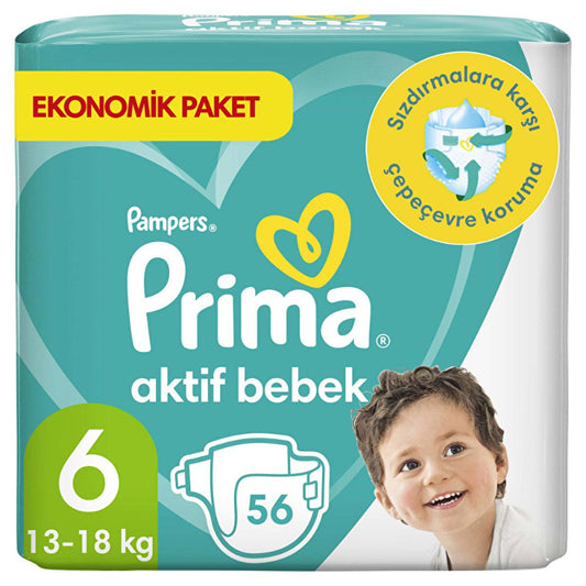 Prima Pampers Active Baby Diapers Size 6 - 56 Count, Extra Large, Leakproof & Dermatologically Tested