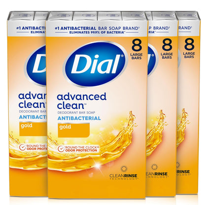 Dial Antibacterial Bar Soap, Advanced Clean Gold, 4 Oz, 8 Bars