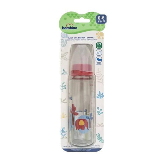 Bambino Glass Baby Bottle 225ml - Red Flower Design for Newborns