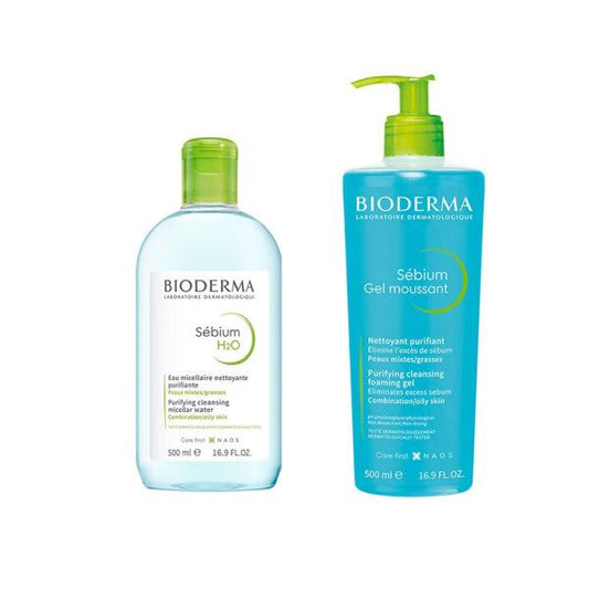 Bioderma Sebium Skincare Set for Oily Skin - Gentle Cleansing & Non-Comedogenic - Sebium H2O & Foaming Gel