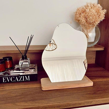Evcazım Asymmetric Wooden Makeup Mirror - Unique Handmade Decorative Mirror for Home, 13.78 x 11.02 inches