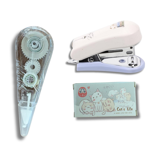 Grapadora pequeña + grapas y cinta correctora – kit escolar
