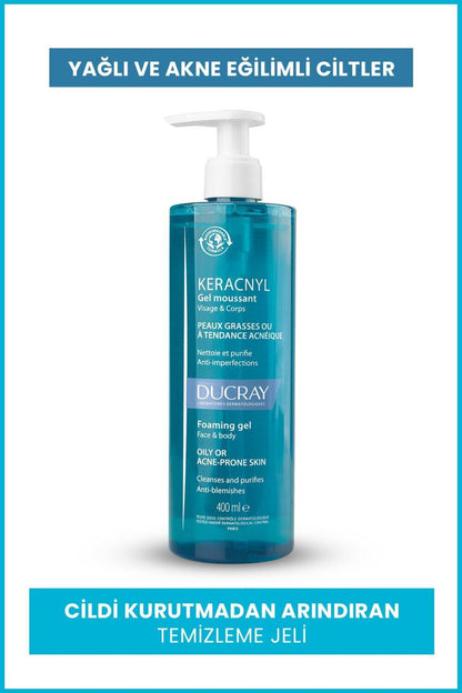Ducray Keracnyl Cleansing Gel for Acne-Prone Skin - Gentle, Non-Drying, Myrtacine Enriched - 13.53 fl oz