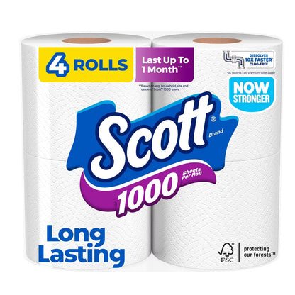Scott 1000 Septic-Safe 1-Ply Toilet Paper - 4 Rolls: 1000 Sheets Per Roll
