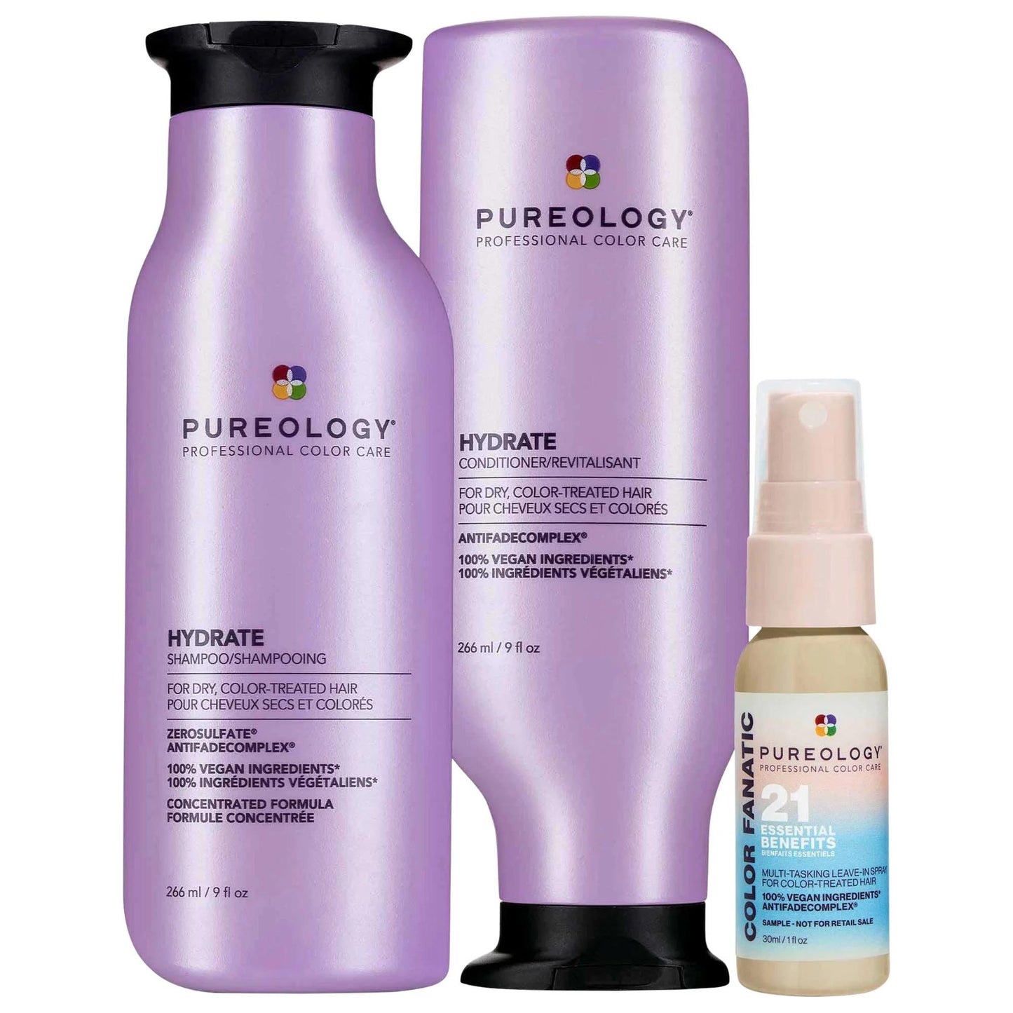 Pureology Hydrate & Color Fanatic Hair Care Set: Intense Hydration, Heat Protection, Enhances Shine - Sulfate-Free, Vegan for Dry & Color-Treated Hair