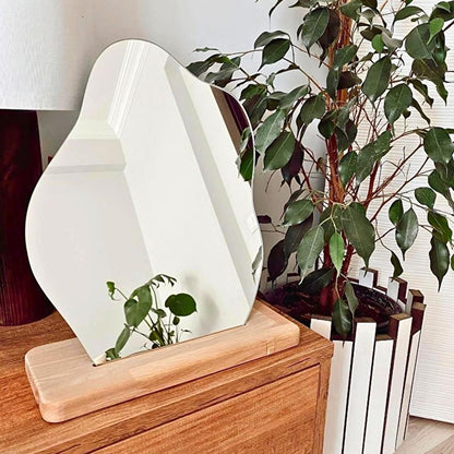 Evcazım Asymmetric Wooden Makeup Mirror - Unique Handmade Decorative Mirror for Home, 13.78 x 11.02 inches