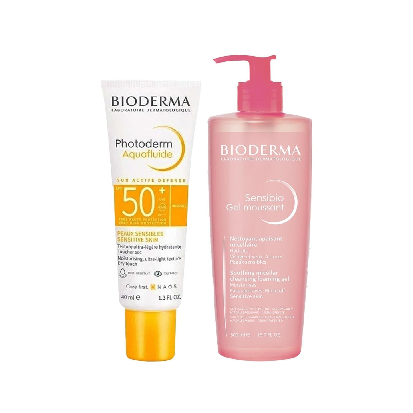 Bioderma Skincare Set - Sensibio Cleansing Gel 500ml & Photoderm Aquafluid Sun Cream 40ml for Sensitive Skin
