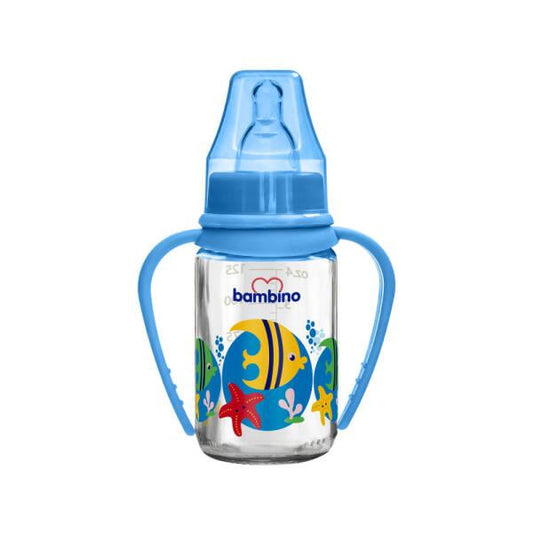 Bambino Glass Baby Bottle 125ml - Blue Fish Design, BPA-Free, Slow Flow Nipple