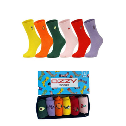 Ozzy Socks Women's 6-Pack Fruit Embroidered Socks - Comfortable Cotton Casual Footwear for Women