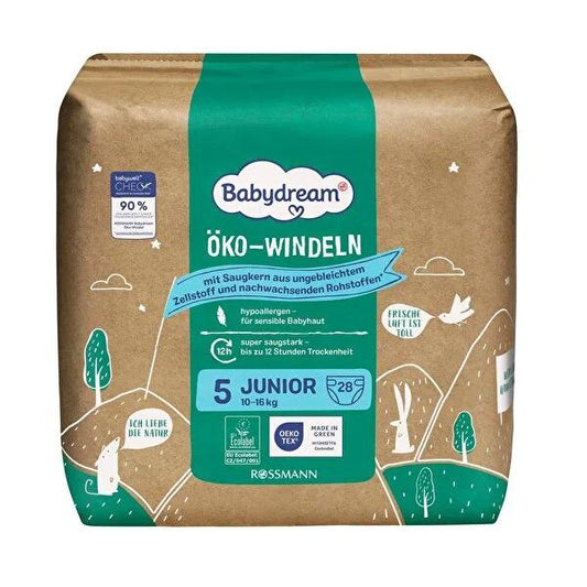Babydream Eco Baby Diapers Size 5 (28-Count) - 12-Hour Dryness, Sensitive Skin, Eco-Friendly Protection