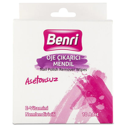 Benri Acetone-Free Nail Polish Remover Wipes Travel Pack 10 Wipes