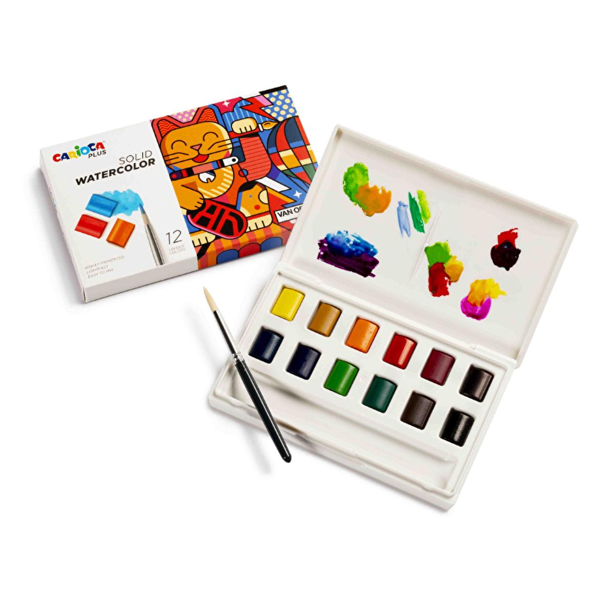 Carioca Plus 12-Color Watercolor Paint Set with Brush - High-Quality Art Supplies for Children and Enthusiasts