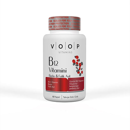 Voop Vitamin B12 Biotin Folic Acid Supplement - Energy, Hair & Nail Health Support - 60 Light-Protected Capsules